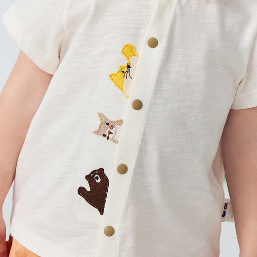 Minibala boys' short-sleeved shirt, soft and breathable, cute animal bamboo cotton T-shirt, easy to put on and take off, ivory white 10402 90