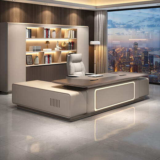 Guan Mu E0 level environmental protection high-end chairman's desk president's desk minimalist boss desk office furniture complete set 2.8 meters table + leather electric chair + 3.6 meters filing cabinet