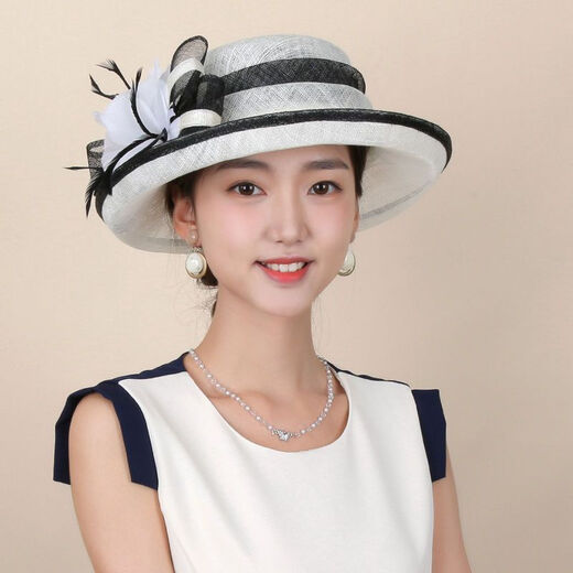 Women's top hat, high-end, elegant, fashionable and elegant spring and summer hat, fisherman's hat, French roll-edge top hat for women, Philippine linen, off-white, black edge -M5190-1, adjustable 54-58cm windproof rope hat holder