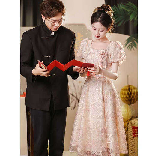 Seidlers neuer chinesischer Toastanzug Braut 2025 Neues Engagement-Kleid für Frauen im Sommer kann High-End-Abendkleid in Pink XL tragen (empfohlen 116-125jin [Jin gleich 0,5 kg])