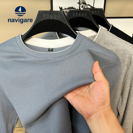 Navigare spring and autumn waffle pure cotton fake two-piece round neck sweatshirt for men 2025 new T-shirt bottoming casual top black spring and autumn 3XL 175-195Jin Jin equals 0.5 kg