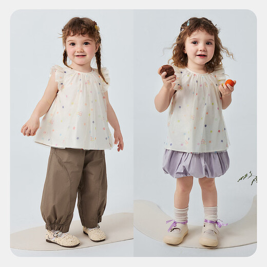 Minibala girls short-sleeved shirt breathable pure cotton wave mesh sweet little flying sleeve top 2026 summer