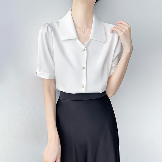 LIIS2026 new high-end big-name professional commuting white short-sleeved shirt for women, simple temperament, lapel, puff sleeves, pearl white XS 70-95Jin Jin equals 0.5 kg