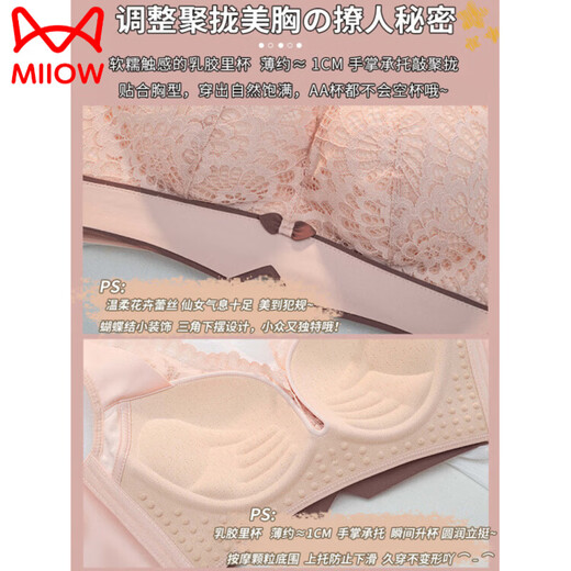 猫人（MiiOW）内衣女小胸聚拢收副乳防下垂中厚提拉性感蕾丝调整型无钢圈文胸罩 粉肤单件 90C 40