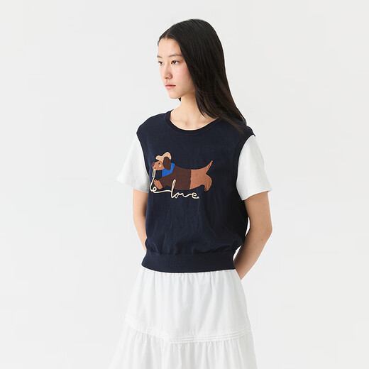 Broadcast holiday two-piece round neck short-sleeved sweater for women 26 summer new interesting loose top DDT2SD5622 B80 dark gray blue M