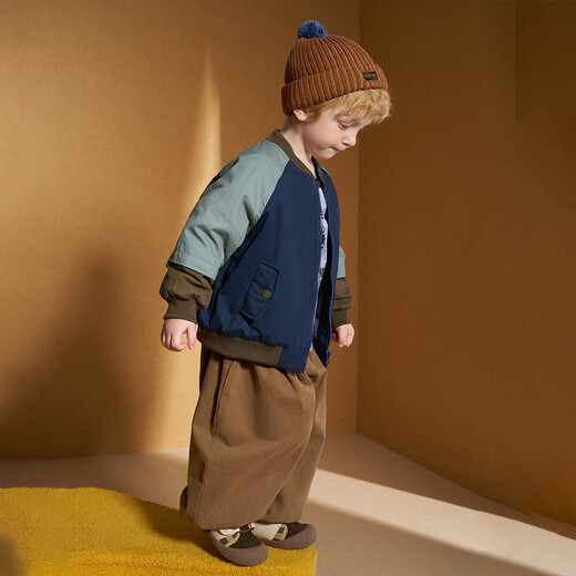 ASK JUNIOR Children's Windproof Jacket Boys Baseball Uniform 2024 Autumn Thin Velvet Stitching Retro Baby Jacket Navy 120