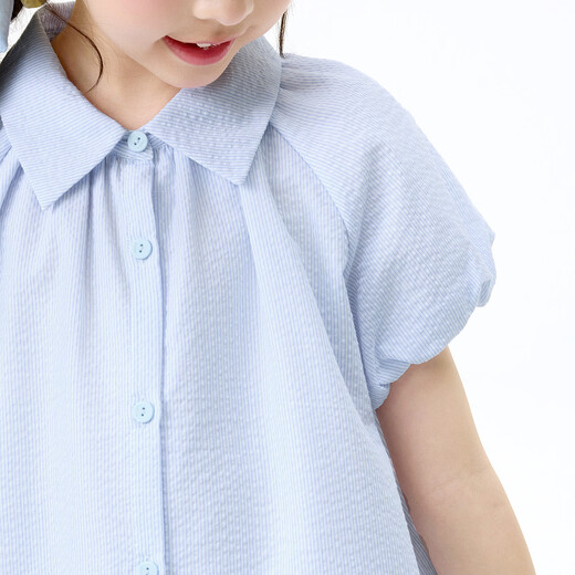 Xiaoyinman children's clothing girls cute puff sleeve dress 26 mid-summer big children's shirt lapel comfortable casual skirt blue strip 110