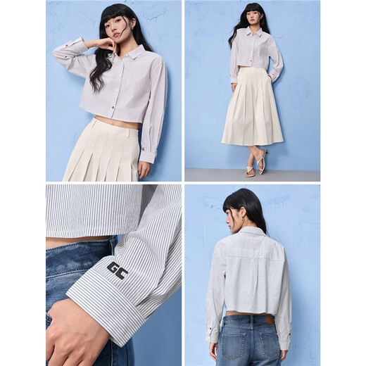 GIORDANO CONCEPTS 2026 Spring New Shirt Women Small Pure Cotton Striped Print Short Shirt Women Long Sleeve 12345008