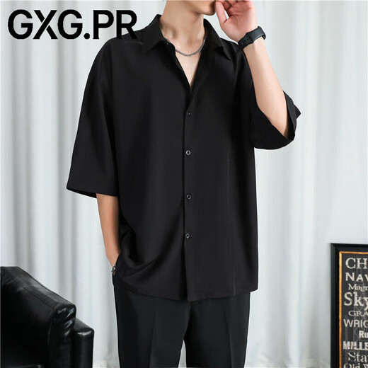GXG.PR black shirt men's long-sleeved spring and summer loose and drapey handsome casual ice silk short-sleeved black shirt men's jacket CY008 black long-sleeved + CY009 black short-sleeved - S