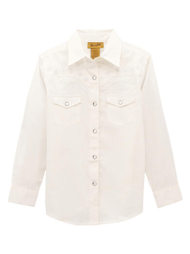 Wrangler Girls' Long Sleeve Western Button Down Shirt, White, L White L