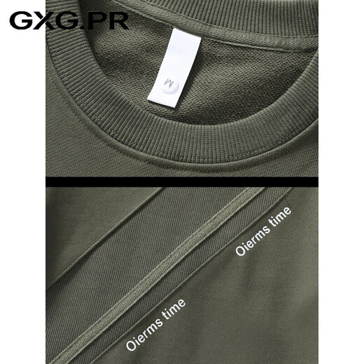 GXG.PR2026 autumn and winter trendy brand design spliced round neck sweatshirt men's American retro heavyweight loose large size long-sleeved top gray green M suitable weight 95-120Jin Jin equals 0.5 kg