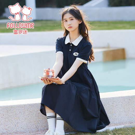 Fuluo Mi Girls Skirt 26 Summer New Casual Contrast Color Girls College Style POLO Collar Dress Navy 165