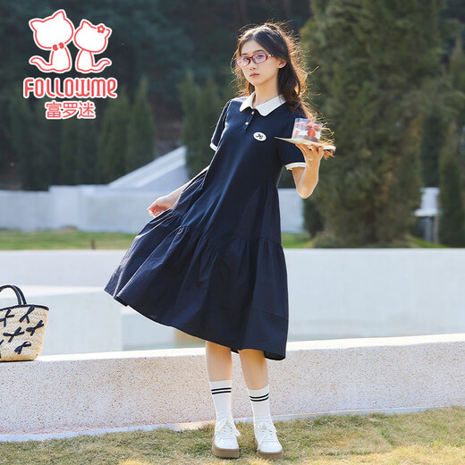 Fuluo Mi Girls Skirt 26 Summer New Casual Contrast Color Girls College Style POLO Collar Dress Navy 165