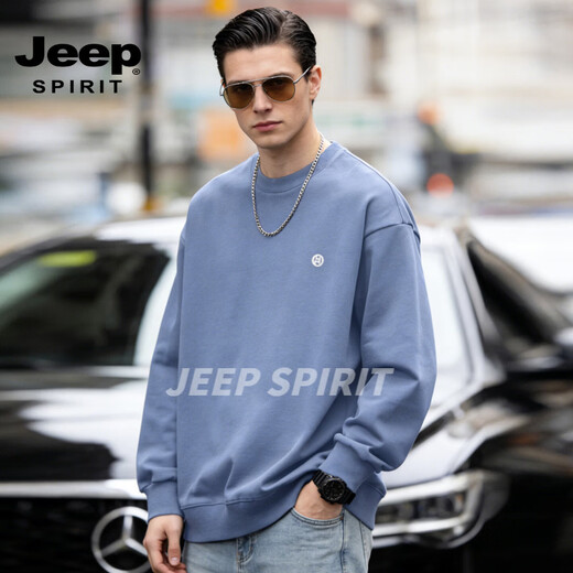 JEEP SPIRIT American Heavyweight Round Neck Sweater Men's 2026 Spring Loose Casual Couple Tops Long Sleeve Bottoming Jacket Blue S