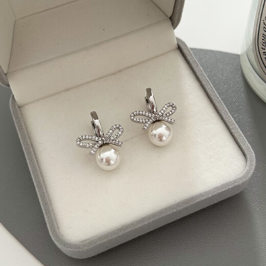 Yichan Japanese and Korean rhinestone bow imitation pearl earrings for women high-end earrings 2025 new hot style niche temperament earrings rhinestone silver bow pearl earrings