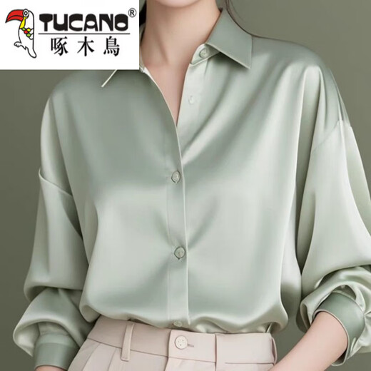 Woodpecker (TUCANO) new long-sleeved silk shirt loose sun protection top official flagship black high-density anti-wrinkle-free ironing L 90-105Jin Jin equals 0.5 kg
