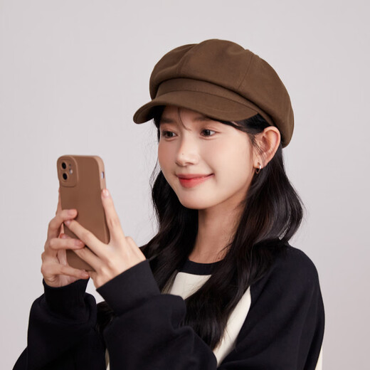 Xiaohongshu’s popular Korean style solid color woolen octagonal hat for women spring short brim beret literary retro brown apricot M one size fits all (55-59c) adjustable