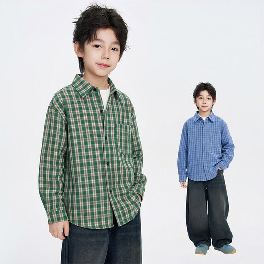 Moba Eyes Children's Clothing Boys Plaid Shirts Children's Shirts 2026 Spring and Autumn New Tops Boys Big Children's Jackets Versatile Long Sleeves Green 110 110cm