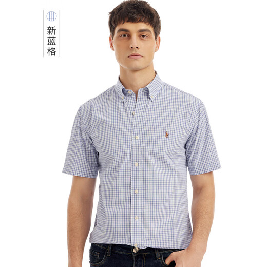 FAME RALPH LAUREN Ralph Lauren 2026 new business casual plaid short-sleeved shirt Paul cotton men's shirt new blue plaid S 120-140Jin Jin equals 0.5 kg
