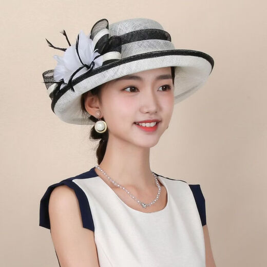 Women's top hat, high-end, elegant, fashionable and elegant spring and summer hat, fisherman's hat, French roll-edge top hat for women, Philippine linen, off-white, black edge -M5190-1, adjustable 54-58cm windproof rope hat holder