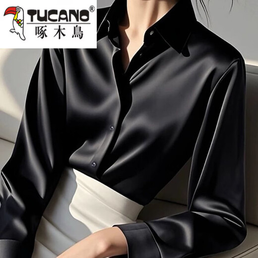 Woodpecker (TUCANO) new long-sleeved silk shirt loose sun protection top official flagship black high-density anti-wrinkle-free ironing L 90-105Jin Jin equals 0.5 kg