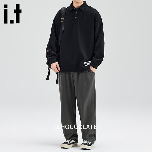 CHOCOOLATE it American trendy POLO collar sweatshirt for men in autumn and winter heavyweight velvet loose and comfortable casual top black velvet M recommended 105-120Jin Jin equals 0.5 kg