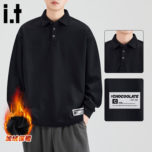CHOCOOLATE it American trendy POLO collar sweatshirt for men in autumn and winter heavyweight velvet loose and comfortable casual top black velvet M recommended 105-120Jin Jin equals 0.5 kg