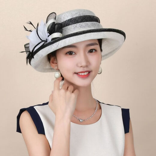 Women's top hat, high-end, elegant, fashionable and elegant spring and summer hat, fisherman's hat, French roll-edge top hat for women, Philippine linen, off-white, black edge -M5190-1, adjustable 54-58cm windproof rope hat holder