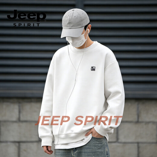 JEEP SPIRIT round neck sweatshirt for men 2026 spring new loose couple top American retro large size bottoming shirt jacket white S 95-120Jin Jin equals 0.5 kg