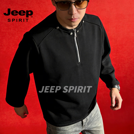 JEEP SPIRIT American retro stand-up collar zipper sweatshirt for men and women, trendy loose casual sports long-sleeved top for men and women, black S