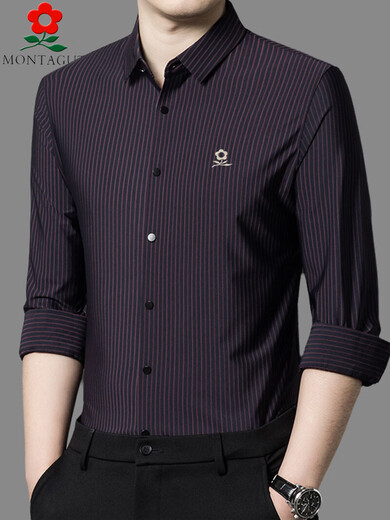 MONTAGUT French high-end silk long-sleeved shirt men's spring new business casual middle-aged iron-free striped shirt 5202 dark purple (spring and autumn) 48 /M 100-120Jin Jin equals 0.5 kg