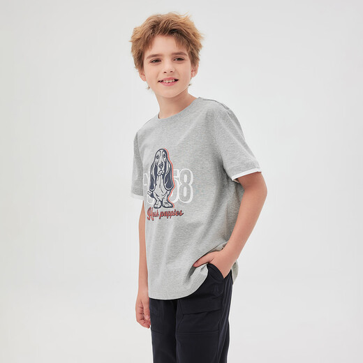 Hush Puppies children's clothing for boys and girls 2026 spring and summer new knitted solid color fake two-piece crew neck T-shirt floral gray 170 cm