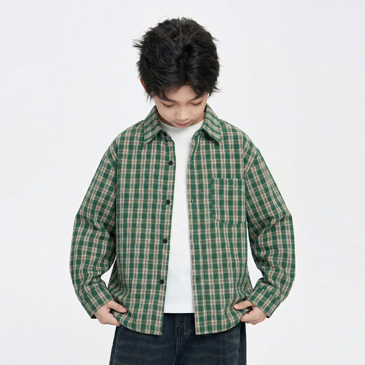 Moba Eyes Children's Clothing Boys Plaid Shirts Children's Shirts 2026 Spring and Autumn New Tops Boys Big Children's Jackets Versatile Long Sleeves Green 110 110cm