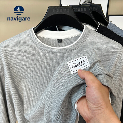 Navigare spring and autumn waffle pure cotton fake two-piece round neck sweatshirt for men 2025 new T-shirt bottoming casual top black spring and autumn 3XL 175-195Jin Jin equals 0.5 kg