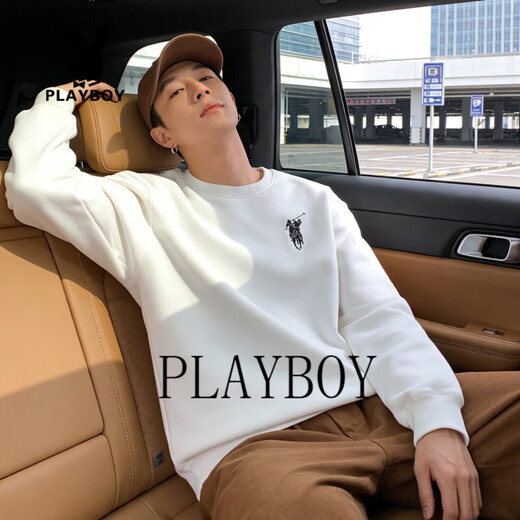 Playboy (PLAYBOY) American heavyweight velvet thickened round neck sweatshirt for men 2026 spring and autumn loose casual long-sleeved bottoming shirt black M 90-100Jin Jin is equal to 0.5 kg