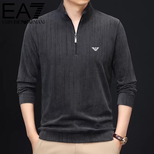 EA7 Armani Half-Turtle Collar Men's Spring and Autumn Thin Zipper Stand Collar Long-Sleeved T-shirt Middle-aged Tops and Bottoming Shirts Gray M 165 (weight 120 Jin Jin equals within 0.5 kg)