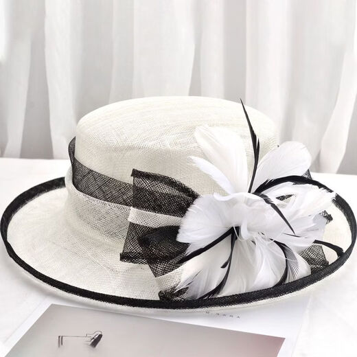 Women's top hat, high-end, elegant, fashionable and elegant spring and summer hat, fisherman's hat, French roll-edge top hat for women, Philippine linen, off-white, black edge -M5190-1, adjustable 54-58cm windproof rope hat holder