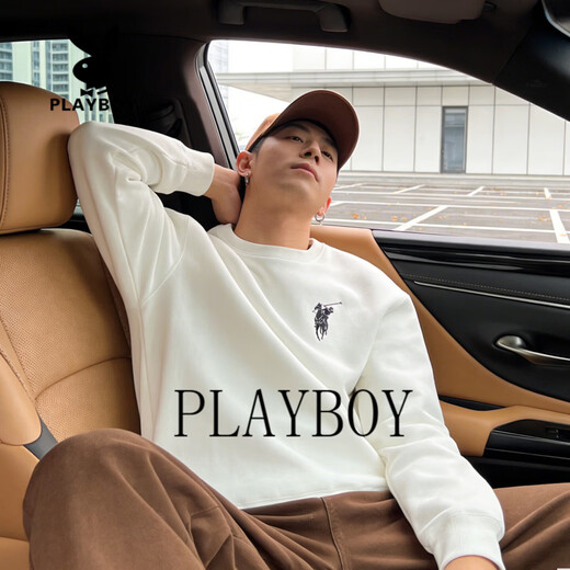 Playboy (PLAYBOY) American heavyweight velvet thickened round neck sweatshirt for men 2026 spring and autumn loose casual long-sleeved bottoming shirt black M 90-100Jin Jin is equal to 0.5 kg