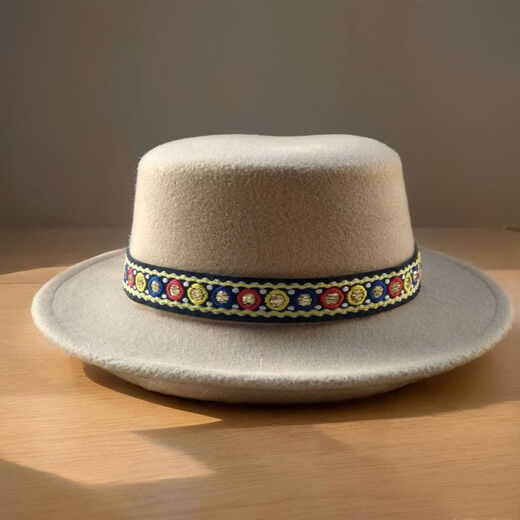 Hengyuanxiang woolen top hat for men and women, new European and American fashion flat top hat, British style dance temperament, casual jazz hat, woolen ethnic style ball sapphire blue, hat circumference 54-58CM