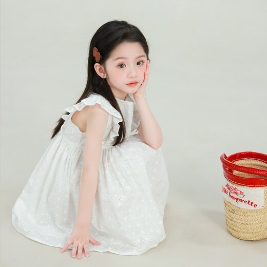 UTOUTO Big Ear Elephant Girls Hollow Embroidered Lace Dress 2026 Summer New Style Baoer Pure White Breathable French Skirt Pear Blossom White Pre-sale second batch around late April 150
