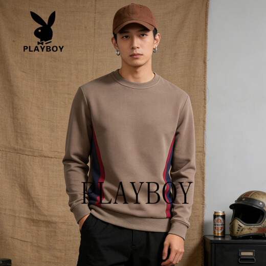 Playboy (PLAYBOY) American retro contrasting color raglan round neck sweatshirt for men 2026 spring and autumn trendy brand loose casual versatile top khaki M recommended 95-115Jin Jin equals 0.5 kg
