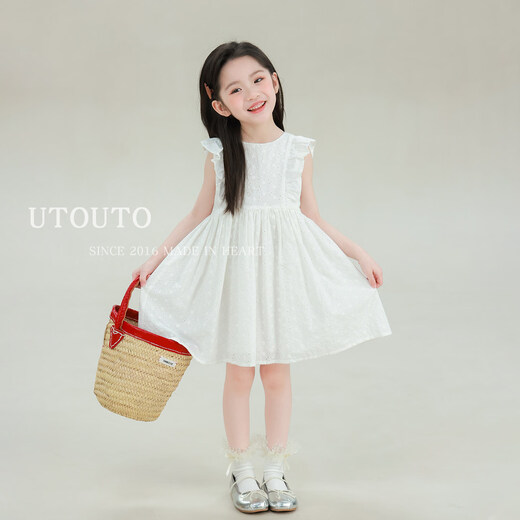 UTOUTO Big Ear Elephant Girls Hollow Embroidered Lace Dress 2026 Summer New Style Baoer Pure White Breathable French Skirt Pear Blossom White Pre-sale second batch around late April 150