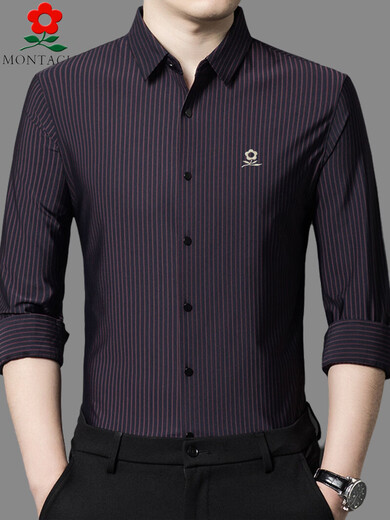 MONTAGUT French high-end silk long-sleeved shirt men's spring new business casual middle-aged iron-free striped shirt 5202 dark purple (spring and autumn) 48 /M 100-120Jin Jin equals 0.5 kg
