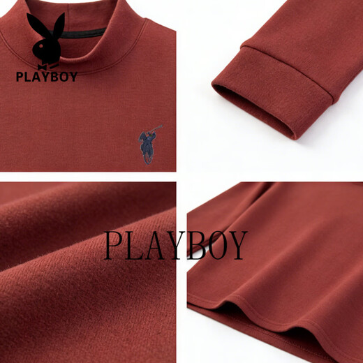 Playboy (PLAYBOY) American turtleneck half-zip sweatshirt for men 2026 spring velvet warm loose large size casual bottoming shirt orange red M 80-100Jin Jin equals 0.5 kg