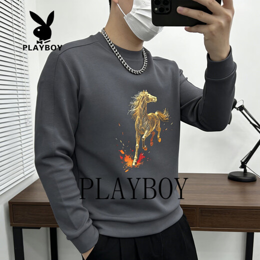 Playboy Chinese style red sweatshirt for men 2026 spring round neck long-sleeved sweatshirt bottoming shirt national trend plus velvet gray M 90-100Jin Jin is equal to 0.5 kg