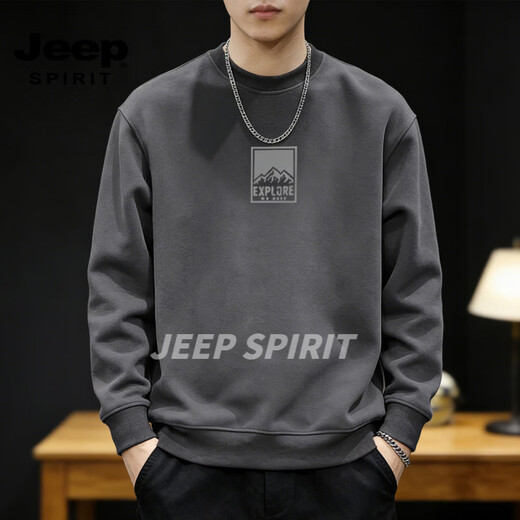 JEEP SPIRIT crew neck sweatshirt men's 2026 spring new loose casual bottoming shirt men's long-sleeved T-shirt tops for men gray S