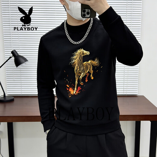 Playboy Chinese style red sweatshirt for men 2026 spring round neck long-sleeved sweatshirt bottoming shirt national trend plus velvet gray M 90-100Jin Jin is equal to 0.5 kg