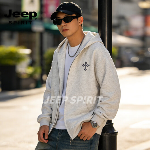 JEEP SPIRIT trendy brand hooded cardigan sweatshirt men's 2026 spring new loose versatile casual jacket men's top black S