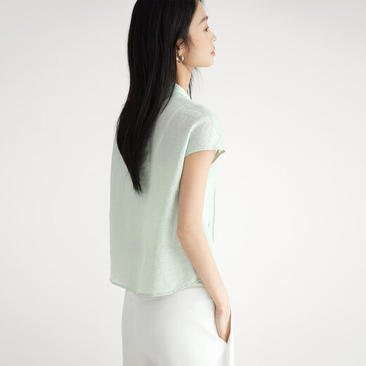 Dialogue (DUIBAI) new Chinese style linen texture short-sleeved shirt for women 2026 summer new style unique and beautiful short national style shirt light water green M