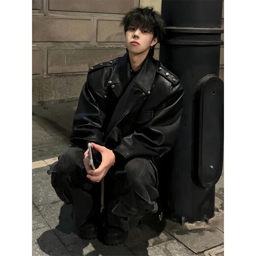 Xiaohongshu black short leather jacket for men cleanfit American street biker jacket silhouette wide shoulder rivets black high quality M